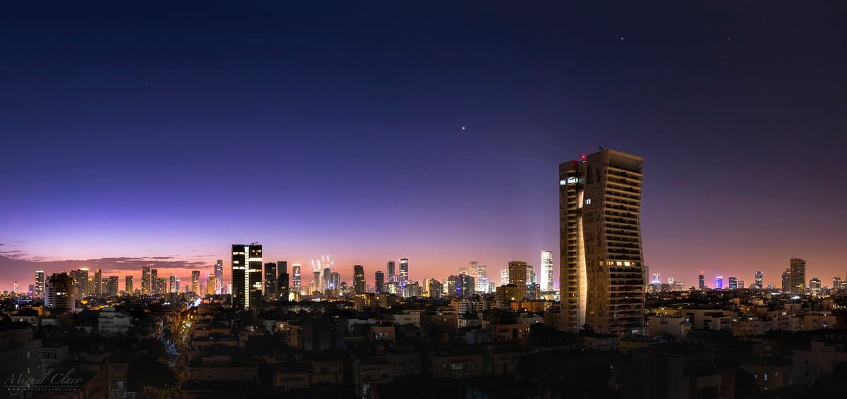 Tel Aviv Israel skyline city lights and Mediterranean coastline